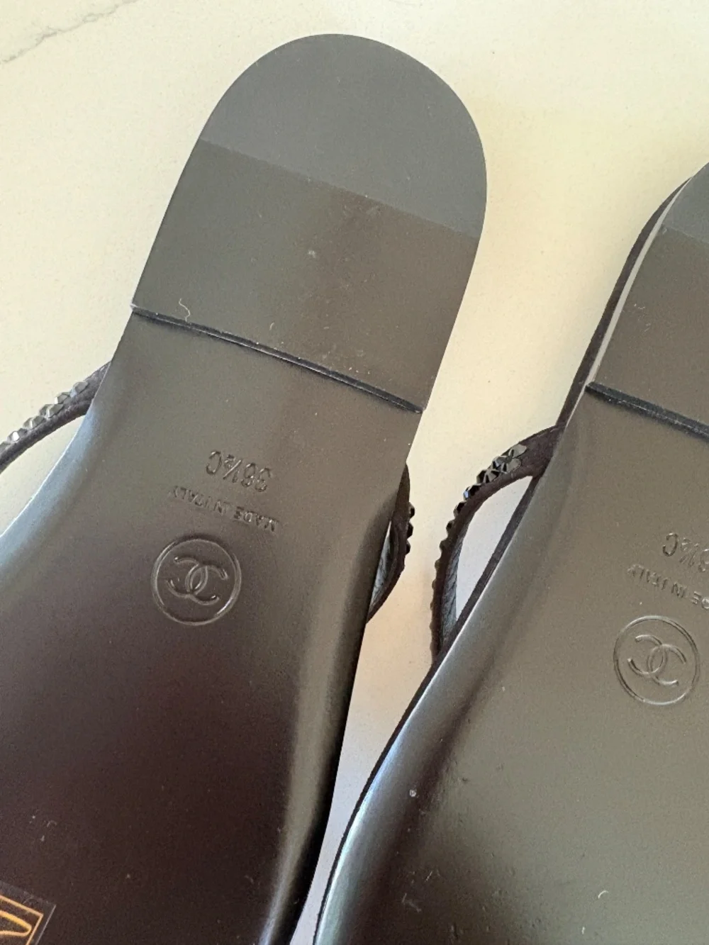 CHANEL Black Crystal CC Thong Sandals Flip Flops 36.5